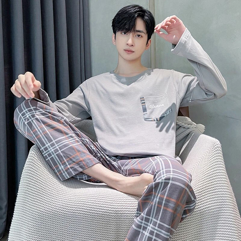 Big Yards L-4XL pilnos medvilnės pižamos vyriškos pižamos para hombre ilgomis rankovėmis laisvalaikio miegui skirtų vyriškų namų drabužių pilkos pižamos rinkinys vyrams