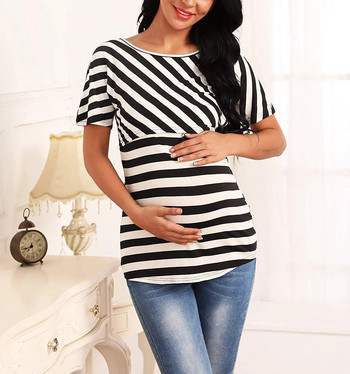 Ρούχα εγκυμοσύνης Κοντό μανίκι πλήρωμα λαιμόκοψη ριγέ μπλουζάκι νοσηλευτικής μπλούζα θηλασμού Μπλουζάκι θηλασμού