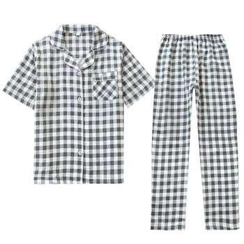Летни карирани пижами за двойка 100% памучно марля Спално облекло Панталони с къси ръкави Два хартиени костюма Дамско и мъжко ежедневно облекло за дома