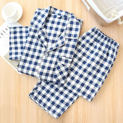 Ljetna karirana pidžama za par 100% pamuk gaza Odjeća za spavanje Hlače kratkih rukava Dvostruko odijelo od papira Ženska i muška ležerna kućna odjeća