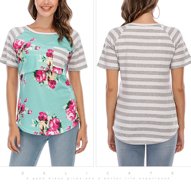 Modes Sieviešu krekls Grūtnieču krekls ar ziediem apdrukāti barošanas topi barošanai ar krūti, divslāņu mīksts, īsās piedurknes augšējais grūtniecības apģērbs