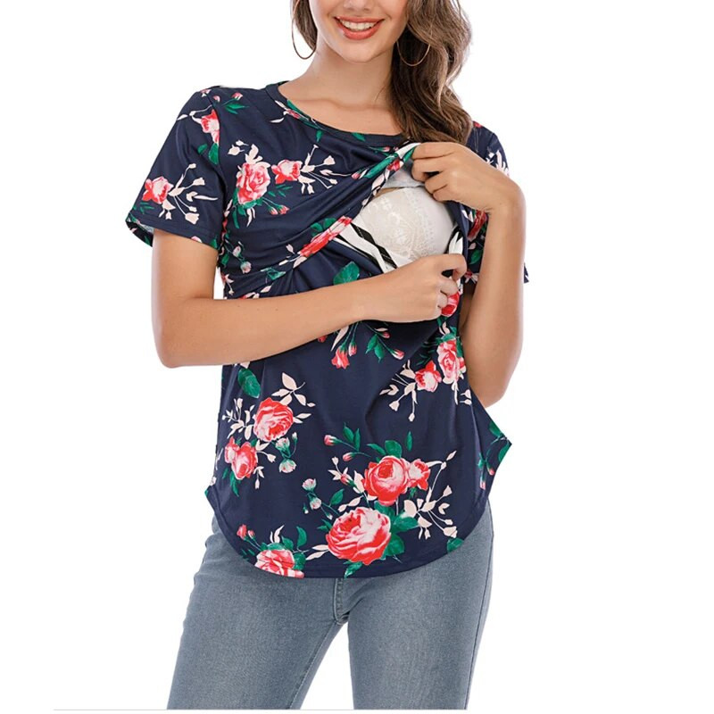 Modes Sieviešu krekls Grūtnieču krekls ar ziediem apdrukāti barošanas topi barošanai ar krūti, divslāņu mīksts, īsās piedurknes augšējais grūtniecības apģērbs