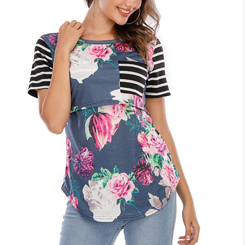 Modes Sieviešu krekls Grūtnieču krekls ar ziediem apdrukāti barošanas topi barošanai ar krūti, divslāņu mīksts, īsās piedurknes augšējais grūtniecības apģērbs