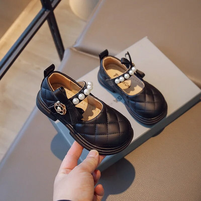 Bērnu priekšnesums Mērijas Džeinsas modes lolitas stila meiteņu pērļu sekla Mary Janes āķa un cilpas ziedi bērniem jaukas ādas apavi