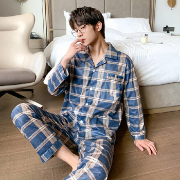 Мъжки памучни пижами спално облекло Панталони с дълъг ръкав Костюми за пролет и есен Пижами с карирана пижама Пижами за мъже Домашно облекло pj