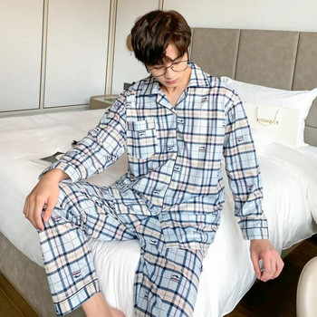 Мъжки памучни пижами спално облекло Панталони с дълъг ръкав Костюми за пролет и есен Пижами с карирана пижама Пижами за мъже Домашно облекло pj