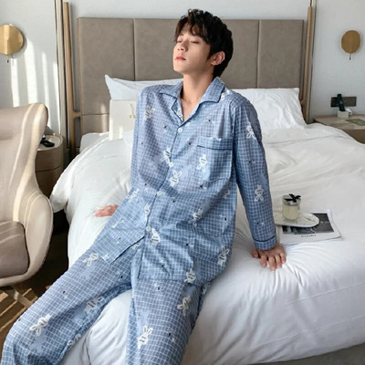 Muške pamučne pidžame za spavanje Hlače dugih rukava Odijela za proljeće i jesen Pidžame s kariranim printom Pidžame za muškarce Domaća odjeća pj