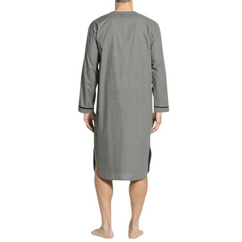 Douhoow Men Kaftan Dubai Robe Едноцветна свободна саудитска арабска нощница с дълги ръкави и джобове Спално облекло Нощница