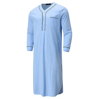 Douhoow Men Kaftan Dubai Robe Едноцветна свободна саудитска арабска нощница с дълги ръкави и джобове Спално облекло Нощница