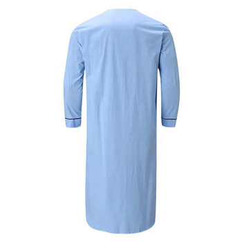 Douhoow Men Kaftan Dubai Robe Едноцветна свободна саудитска арабска нощница с дълги ръкави и джобове Спално облекло Нощница