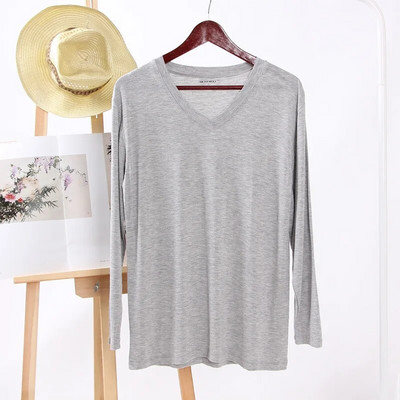Nauji pavasario ir vasaros vyriški marškinėliai Modaliniai vienspalviai V formos iškirpte ilgomis rankovėmis apatiniai marškinėliai pižamos Paprastos namų priežiūros miegui skirtos viršūnės
