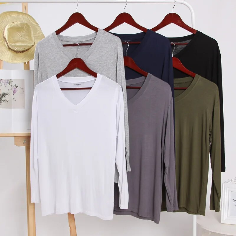 Nauji pavasario ir vasaros vyriški marškinėliai Modaliniai vienspalviai V formos iškirpte ilgomis rankovėmis apatiniai marškinėliai pižamos Paprastos namų priežiūros miegui skirtos viršūnės