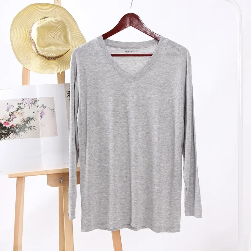 Nauji pavasario ir vasaros vyriški marškinėliai Modaliniai vienspalviai V formos iškirpte ilgomis rankovėmis apatiniai marškinėliai pižamos Paprastos namų priežiūros miegui skirtos viršūnės