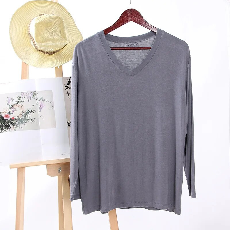 Nauji pavasario ir vasaros vyriški marškinėliai Modaliniai vienspalviai V formos iškirpte ilgomis rankovėmis apatiniai marškinėliai pižamos Paprastos namų priežiūros miegui skirtos viršūnės