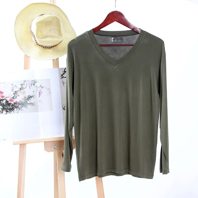 Nauji pavasario ir vasaros vyriški marškinėliai Modaliniai vienspalviai V formos iškirpte ilgomis rankovėmis apatiniai marškinėliai pižamos Paprastos namų priežiūros miegui skirtos viršūnės