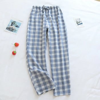Fdfklak Изпрана памучна карирана пижама Панталон Мъжки домашни панталони с тъкани джобове Ежедневни свободни мъжки панталони за сън Pantalones De Mujer