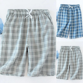 Памучни мъжки летни ежедневни свободни ластични талии карирани долнища на пижами къси панталони спално облекло с шнурове дълги боксерки
