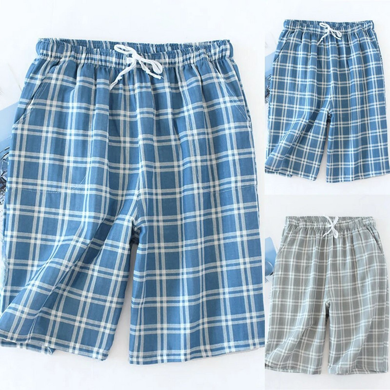 Pamučne muške ljetne ležerne karirane donji dijelovi pidžame s elastičnim strukom, kratke hlače, spavaćica s uzicom, duge bokserice