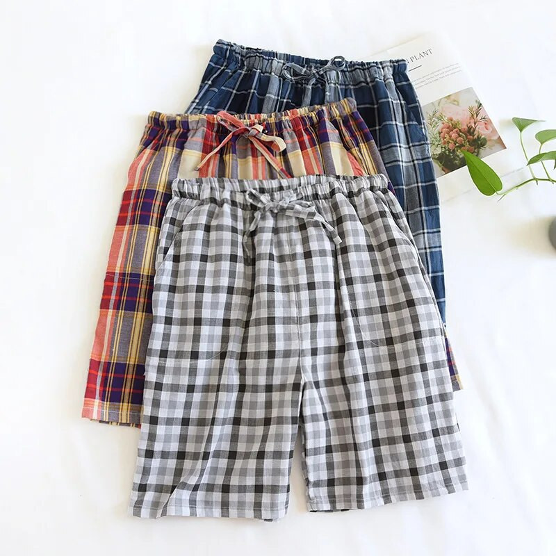 Proljeće ljeto Muški novi stil 100% pamuk gaze kratke hlače Ležerne muške pidžame Muške karirane kućne hlače veće veličine Muški donji dio