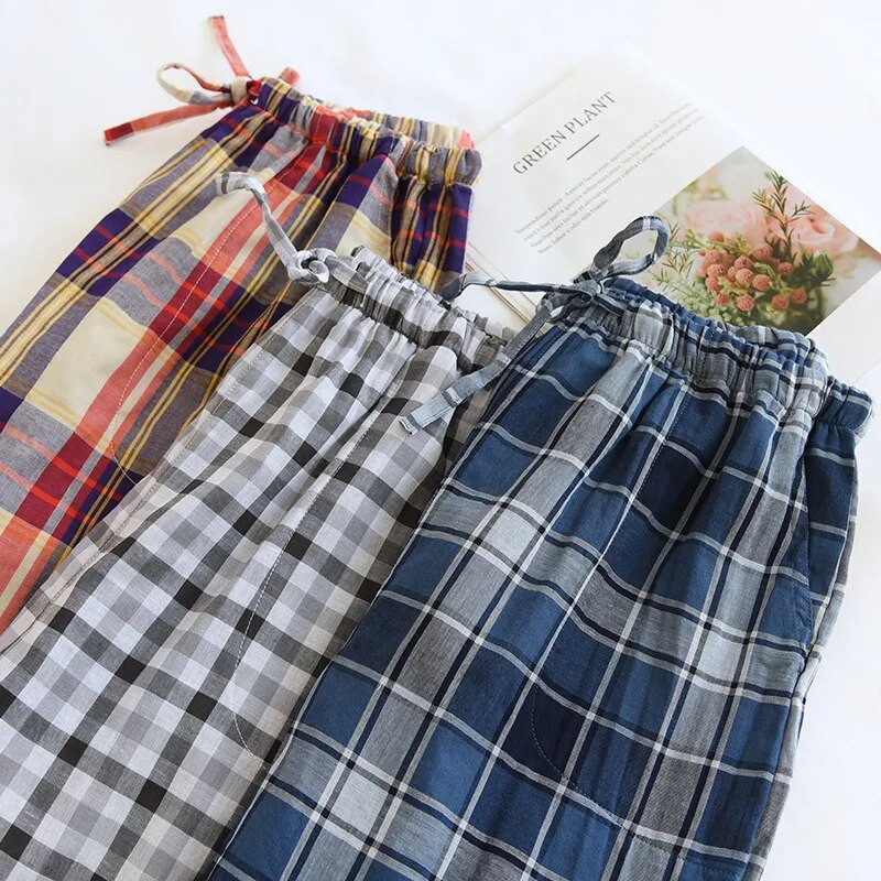 Proljeće ljeto Muški novi stil 100% pamuk gaze kratke hlače Ležerne muške pidžame Muške karirane kućne hlače veće veličine Muški donji dio