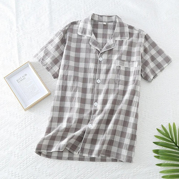Άνοιξη/Καλοκαίρι καρό σχέδιο Ανδρικές πιτζάμες Τοπ κοντομάνικο βαμβακερό φαρδύ πουκάμισο Ζακέτα για το σπίτι Ανδρικά ρούχα για ύπνο