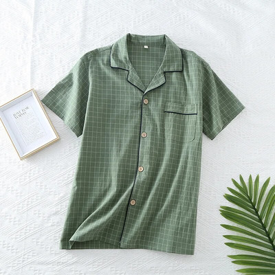 Proljeće/ljeto Karirani dizajn Muška pidžama Top kratkih rukava Pamučna široka košulja Kardigan Kućna odjeća Muška spavaća odjeća