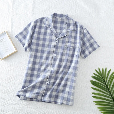 Proljeće/ljeto Karirani dizajn Muška pidžama Top kratkih rukava Pamučna široka košulja Kardigan Kućna odjeća Muška spavaća odjeća
