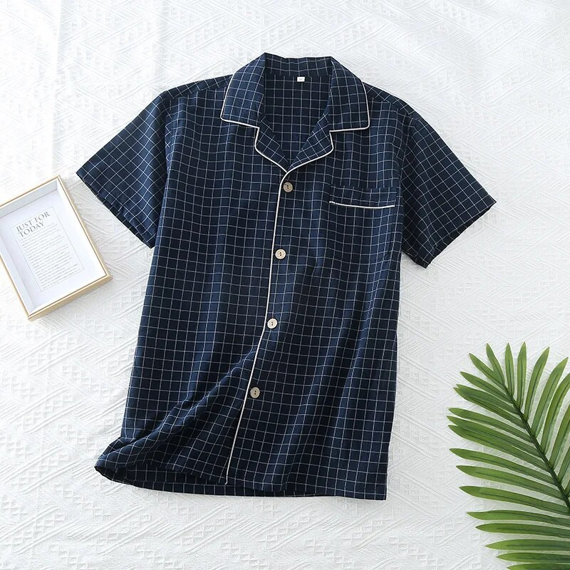 Proljeće/ljeto Karirani dizajn Muška pidžama Top kratkih rukava Pamučna široka košulja Kardigan Kućna odjeća Muška spavaća odjeća