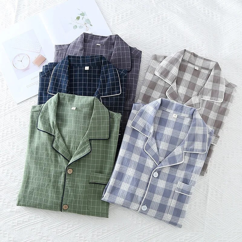 Proljeće/ljeto Karirani dizajn Muška pidžama Top kratkih rukava Pamučna široka košulja Kardigan Kućna odjeća Muška spavaća odjeća