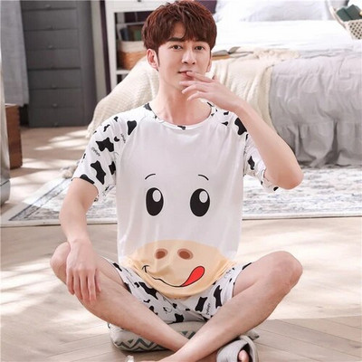 Pidžamas komplekts vīriešu kokvilnas īsām piedurknēm jauks multfilma vīriešu vasaras plāns brīvais laiks brīvs apģērbs vasaras brīvs vīriešu guļamveļa tops
