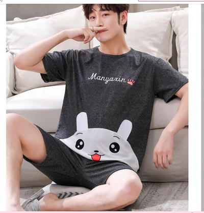 Pidžamas komplekts vīriešu kokvilnas īsām piedurknēm jauks multfilma vīriešu vasaras plāns brīvais laiks brīvs apģērbs vasaras brīvs vīriešu guļamveļa tops