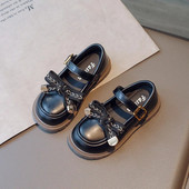 Bež crne dječje modne mokasine Kožne cipele za slatku djevojčicu s mašnom Jednostavna omča s kukom 2023 Nove dječje ravne cipele s okruglim prstima Ležerne Mary Janes