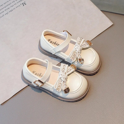 Bež crne dječje modne mokasine Kožne cipele za slatku djevojčicu s mašnom Jednostavna omča s kukom 2023 Nove dječje ravne cipele s okruglim prstima Ležerne Mary Janes