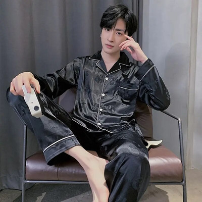 Muške satenske pidžame Jesen Zima Komplet hlača dugih rukava s otvorenim ovratnikom 2 komada Pidžama Pidžama za slobodno vrijeme Kućna odjeća Pjs