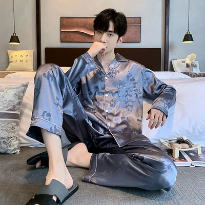 Muške satenske pidžame Jesen Zima Komplet hlača dugih rukava s otvorenim ovratnikom 2 komada Pidžama Pidžama za slobodno vrijeme Kućna odjeća Pjs