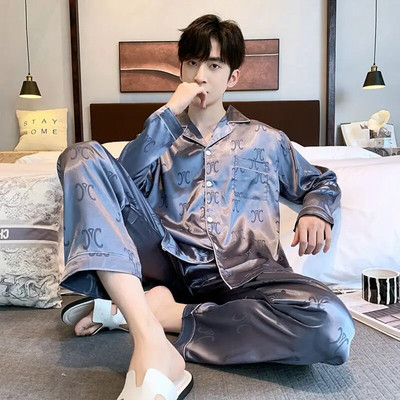Muške satenske pidžame Jesen Zima Komplet hlača dugih rukava s otvorenim ovratnikom 2 komada Pidžama Pidžama za slobodno vrijeme Kućna odjeća Pjs