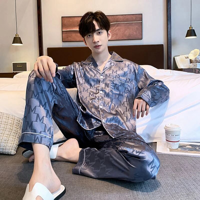 Muške satenske pidžame Jesen Zima Komplet hlača dugih rukava s otvorenim ovratnikom 2 komada Pidžama Pidžama za slobodno vrijeme Kućna odjeća Pjs