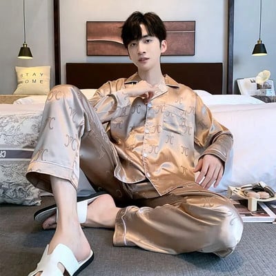 Muške satenske pidžame Jesen Zima Komplet hlača dugih rukava s otvorenim ovratnikom 2 komada Pidžama Pidžama za slobodno vrijeme Kućna odjeća Pjs