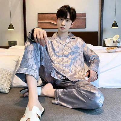 Muške satenske pidžame Jesen Zima Komplet hlača dugih rukava s otvorenim ovratnikom 2 komada Pidžama Pidžama za slobodno vrijeme Kućna odjeća Pjs