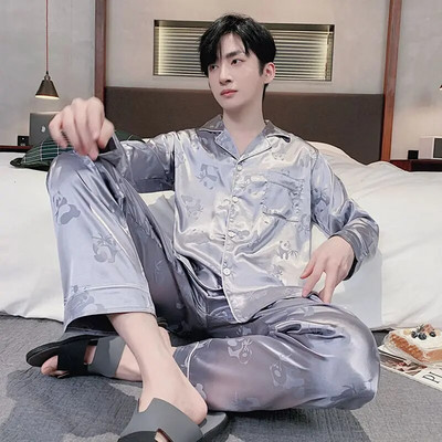 Muške satenske pidžame Jesen Zima Komplet hlača dugih rukava s otvorenim ovratnikom 2 komada Pidžama Pidžama za slobodno vrijeme Kućna odjeća Pjs
