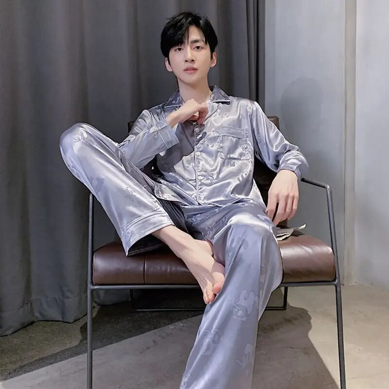 Muške satenske pidžame Jesen Zima Komplet hlača dugih rukava s otvorenim ovratnikom 2 komada Pidžama Pidžama za slobodno vrijeme Kućna odjeća Pjs