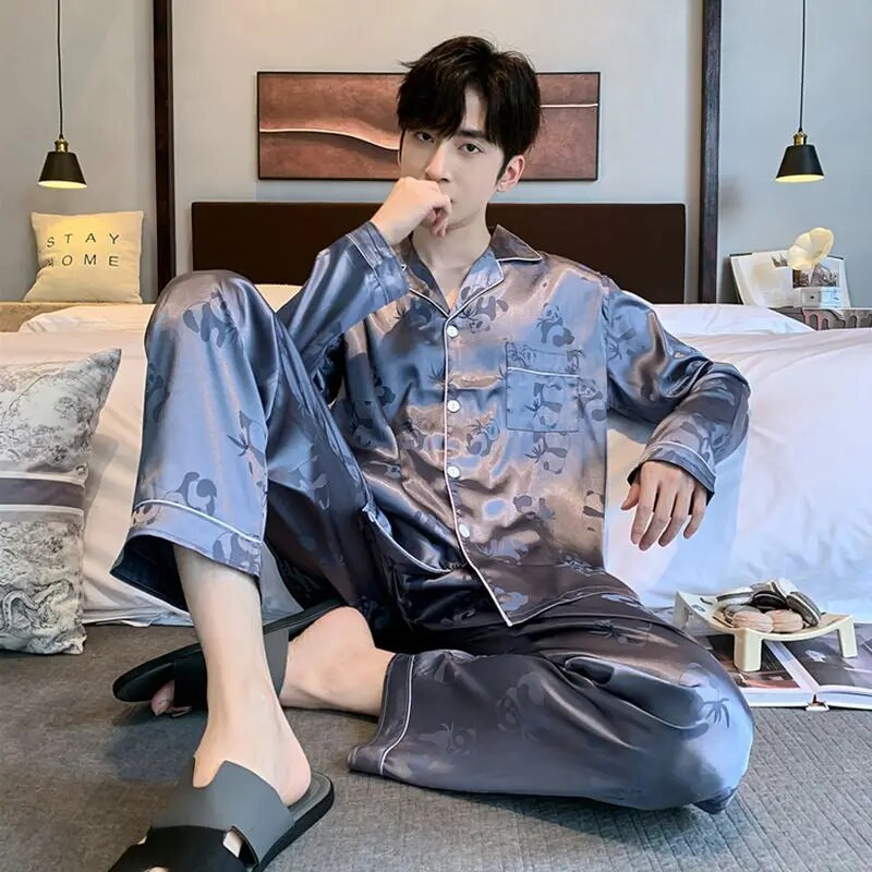 Muške satenske pidžame Jesen Zima Komplet hlača dugih rukava s otvorenim ovratnikom 2 komada Pidžama Pidžama za slobodno vrijeme Kućna odjeća Pjs