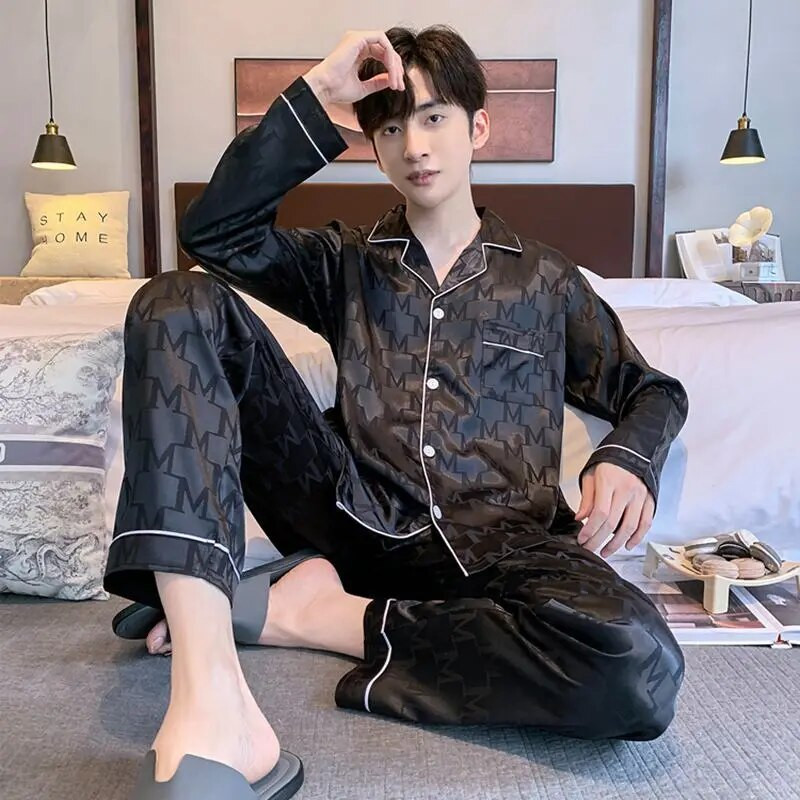 Muške satenske pidžame Jesen Zima Komplet hlača dugih rukava s otvorenim ovratnikom 2 komada Pidžama Pidžama za slobodno vrijeme Kućna odjeća Pjs