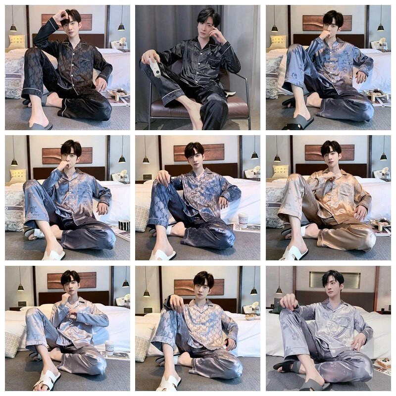 Muške satenske pidžame Jesen Zima Komplet hlača dugih rukava s otvorenim ovratnikom 2 komada Pidžama Pidžama za slobodno vrijeme Kućna odjeća Pjs