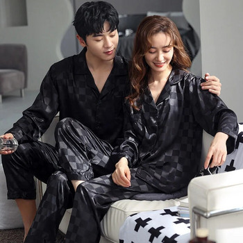 Комплекти пижами за двойка Мъжки пижами Спално облекло Спално облекло С дълъг ръкав Панталони за сън Копринени сатенени пижами Пижами Пижами Lover
