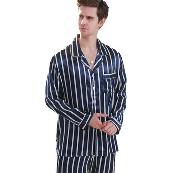 Тъмносиньо мъжко спално облекло Раирана пижама Комплект спално облекло Щампа Мъжка сатенена нощница Халат халат мъжка пижама Пижама