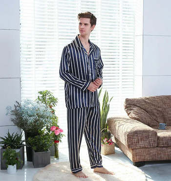 Тъмносиньо мъжко спално облекло Раирана пижама Комплект спално облекло Щампа Мъжка сатенена нощница Халат халат мъжка пижама Пижама