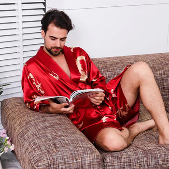 Комплект халати с принт с дракон 2PCS Мъжка сатенена нощница Мъжко спално облекло Винтидж Пижама Нощно облекло халат мъжка пижама Пижама