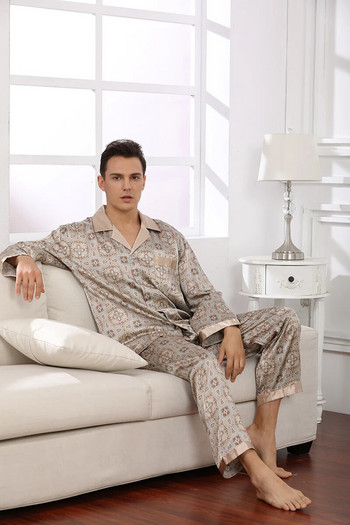 Υψηλής ποιότητας εμπριμέ ανδρικά πυζά Vintage σετ πυτζάμες Νυχτικά casual ανδρικό σατέν νυχτικό ρόμπα халат мужской пижама πιτζάμες