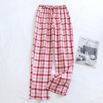 Японски пролетни и летни нови стилни карирани панталони за двойка 100% памучна марля Свободни панталони Мъжки и дамски пижами Долнища сладки